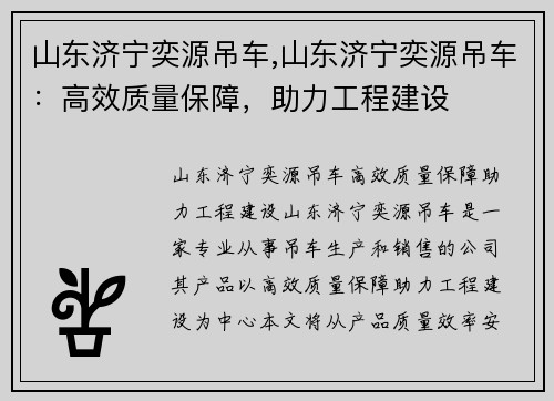 山东济宁奕源吊车,山东济宁奕源吊车：高效质量保障，助力工程建设