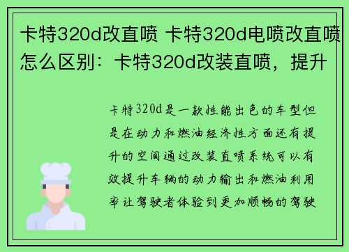 卡特320d改直喷 卡特320d电喷改直喷怎么区别：卡特320d改装直喷，提升动力燃油经济性